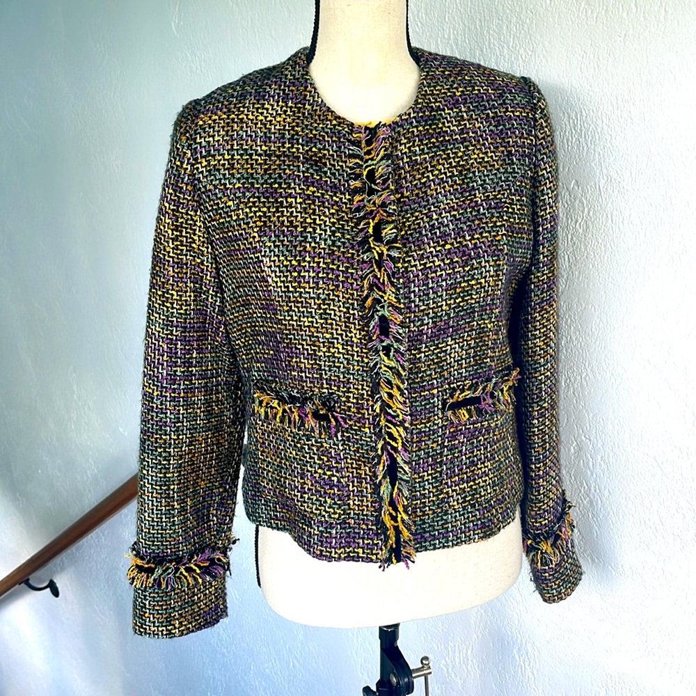 Vintage Black Purple Gold Woven Tweed w/Fringe Detail Button Front Jacket Size 6